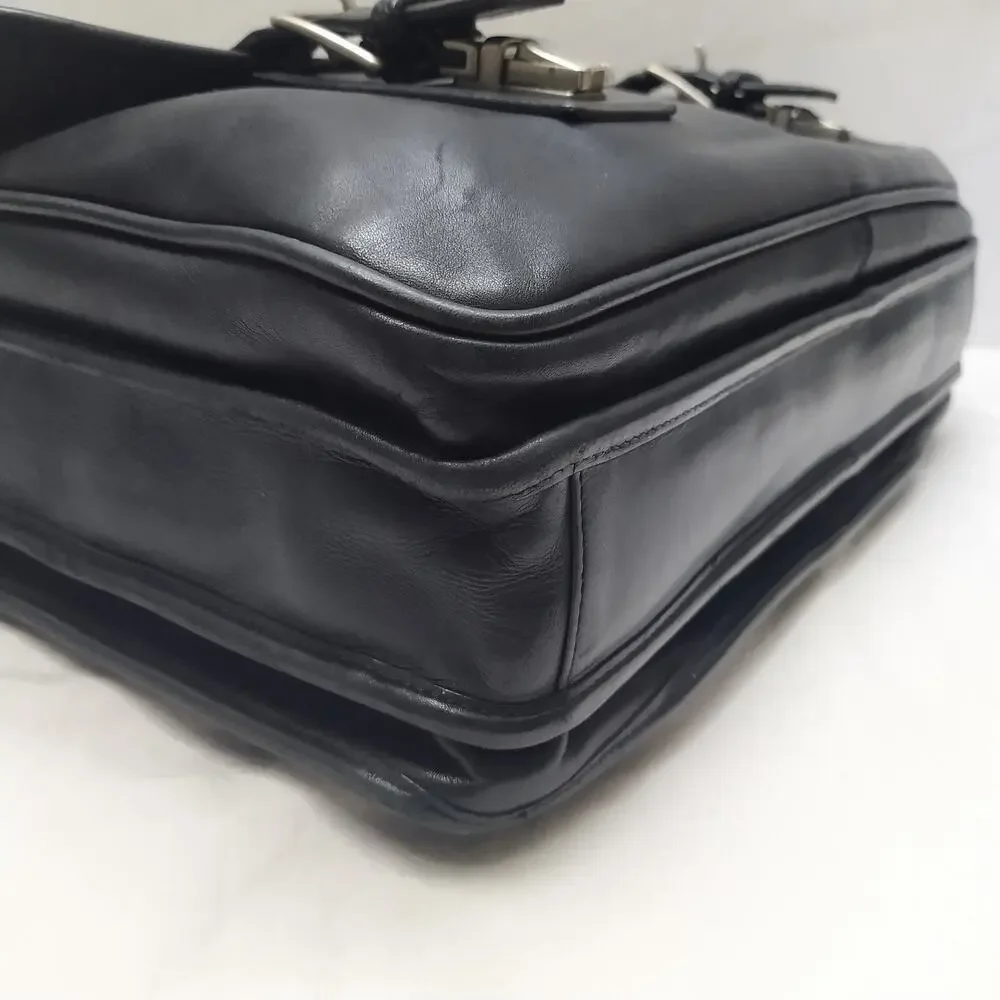 Coach Black Leather Double Pushlock Briefcase Laptop Business Crossbody Bag